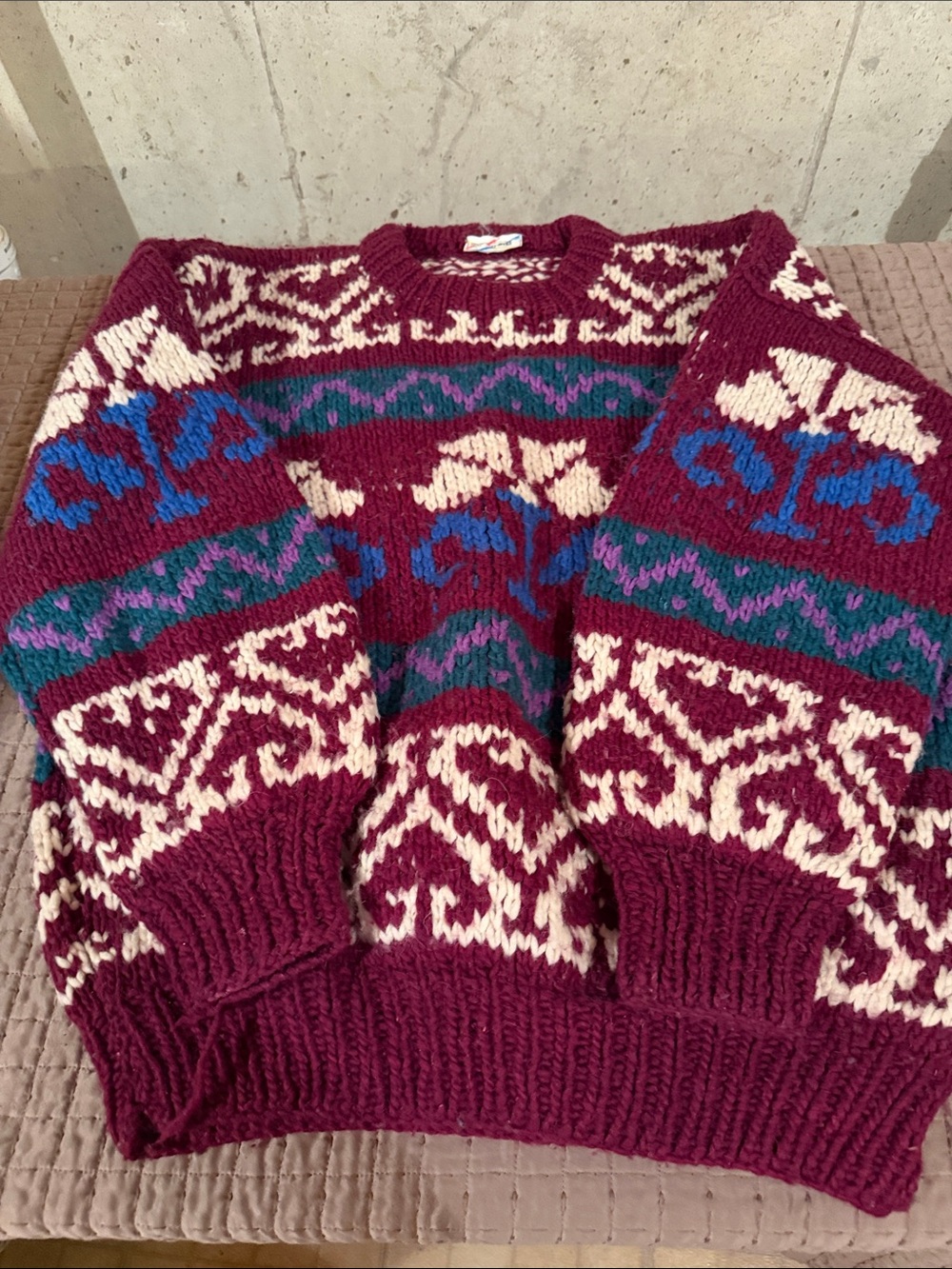 Men's Burgundy Patterned Crewneck Sweater